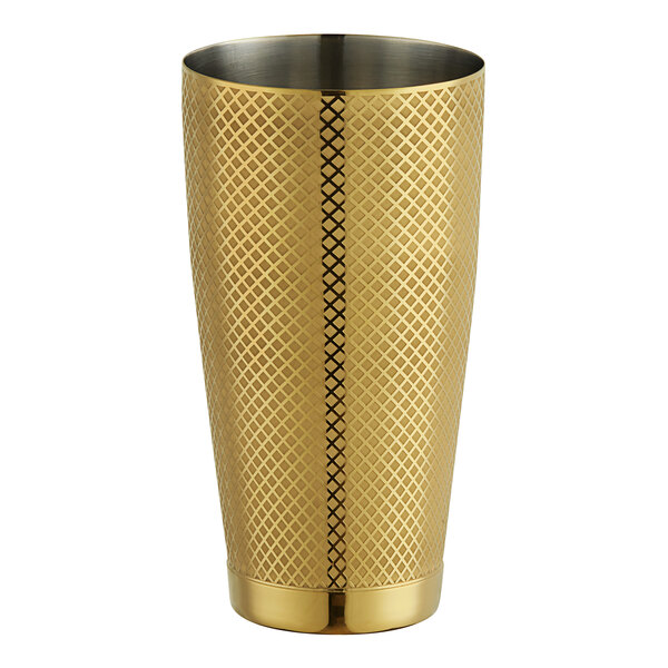 A Barfly gold cocktail shaker with a diamond lattice pattern.