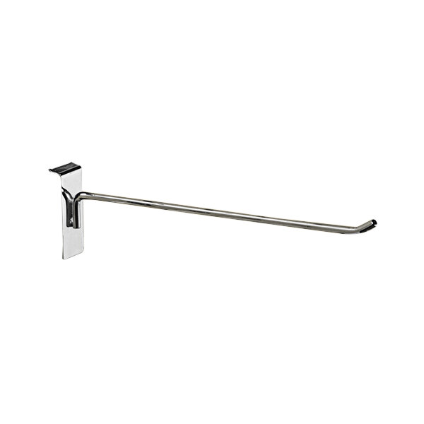 A chrome metal 8" peg hook for slatwall.