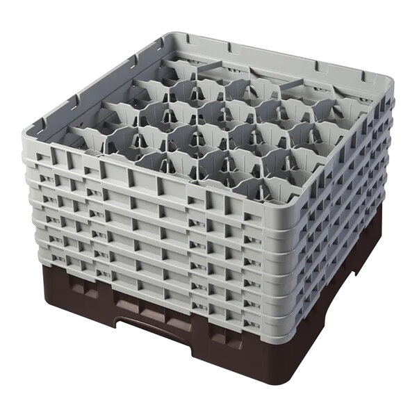 A brown and gray plastic glass rack with 20 compartments and 6 extenders, designed for washing and storing glassware.
