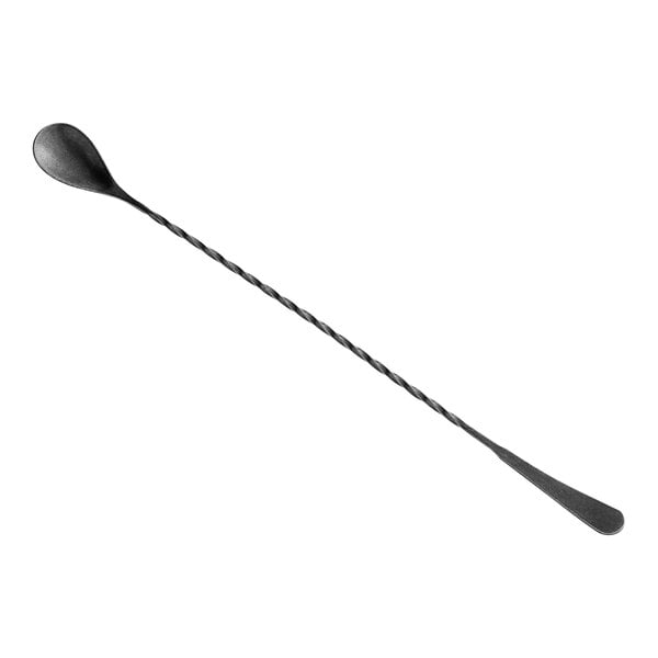 A Barfly vintage black metal bar spoon with a long handle with twisted metal.