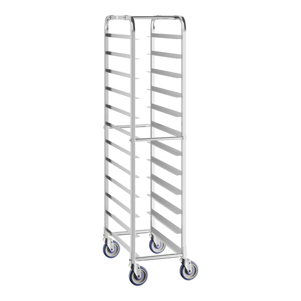 A white metal Regency shelf rack for 12" trays with blue wheels.