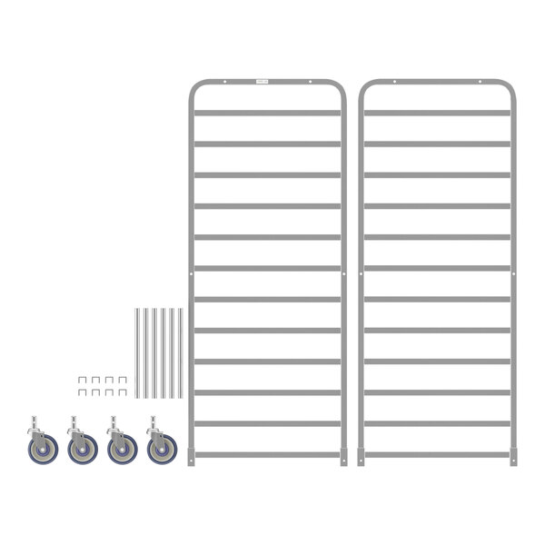 A white metal Regency end load rack with wheels and shelves.