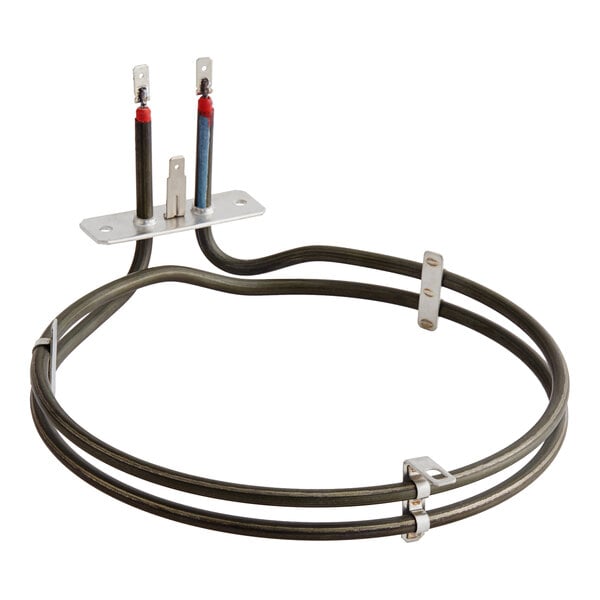 A Moffat convection oven element with a pair of red and blue wires on metal.