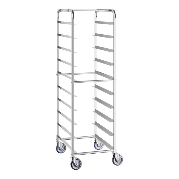 A silver metal rack with shelves and blue wheels.