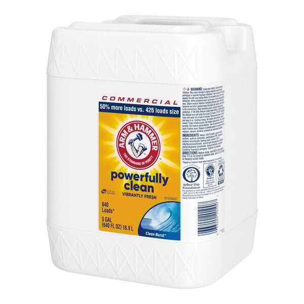 A 5-gallon container of Arm & Hammer Clean Burst liquid laundry detergent.
