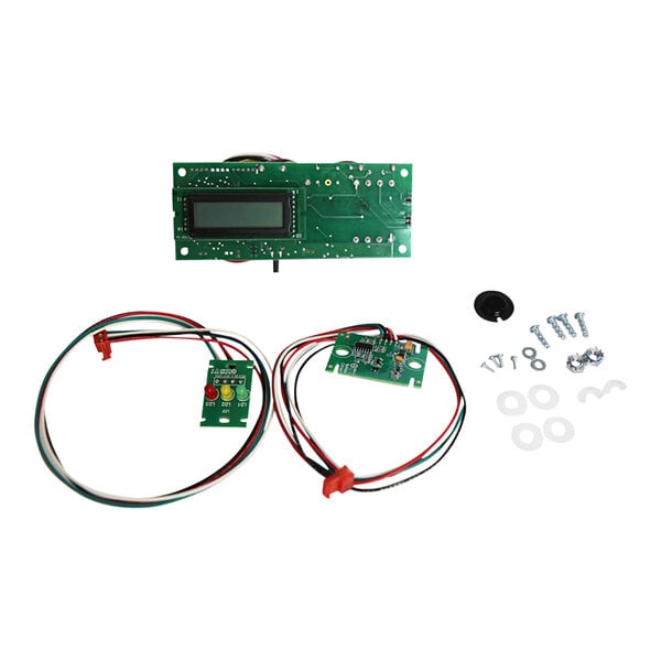A green circuit board with wires and a wire.