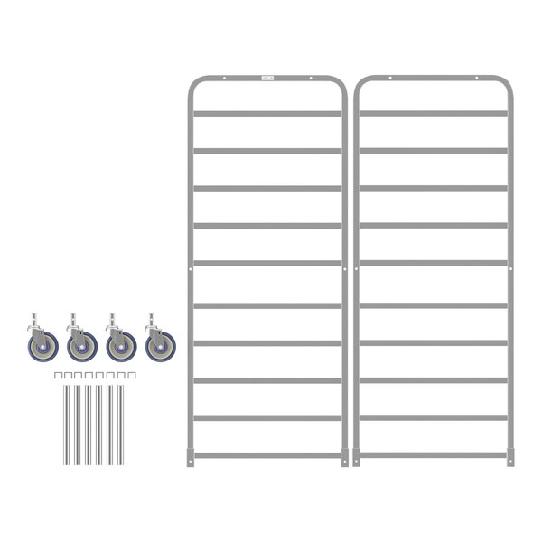 A white metal Regency end load platter rack with blue and white casters.