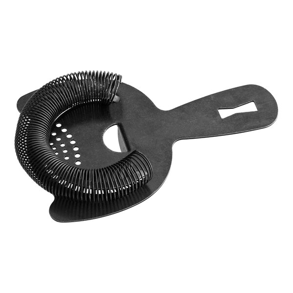 A black metal Barfly Hawthorne strainer with a metal spring.