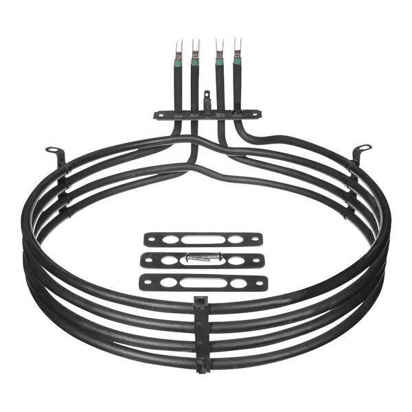 A black circular metal oven element with four wires.