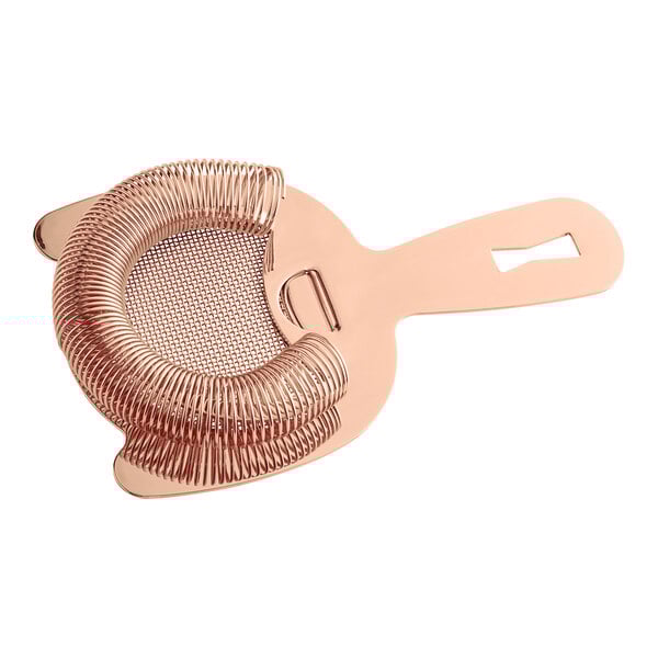 A Barfly copper strainer with a wire mesh handle.