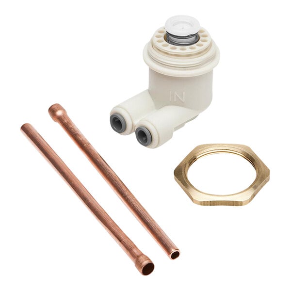 A white plastic Elkay cartridge regulator kit with a copper water valve and copper pipe.