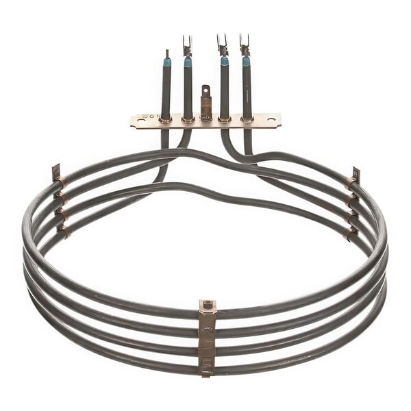 A Moffat oven element with three wires attached to a circular metal coil.