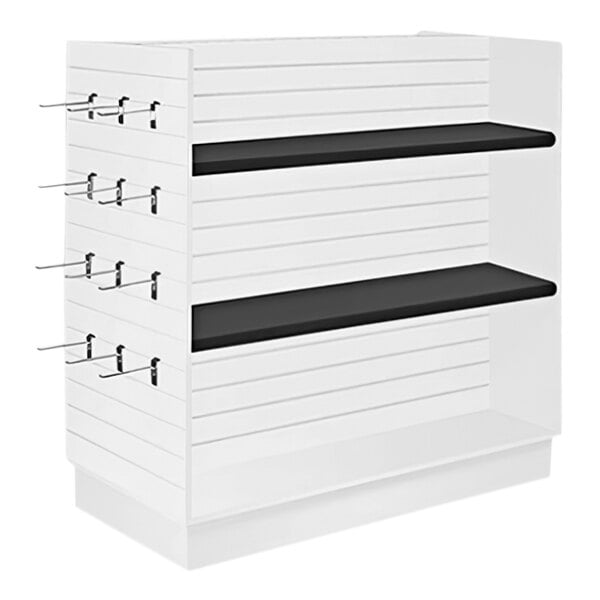 A white rectangular H-shape slatwall display with black shelves.