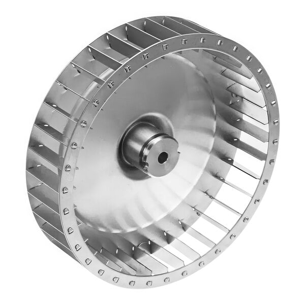 A close-up of a metal fan blade wheel.