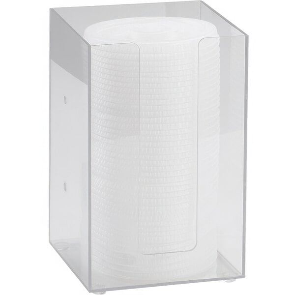 A clear plastic container with a stack of white plates in it.