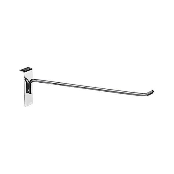 A 10" chrome metal peg hook for slatwall displays.