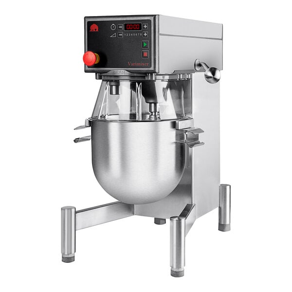 A Varimixer Kodiak bench mixer with stainless steel bowl on a metal stand.
