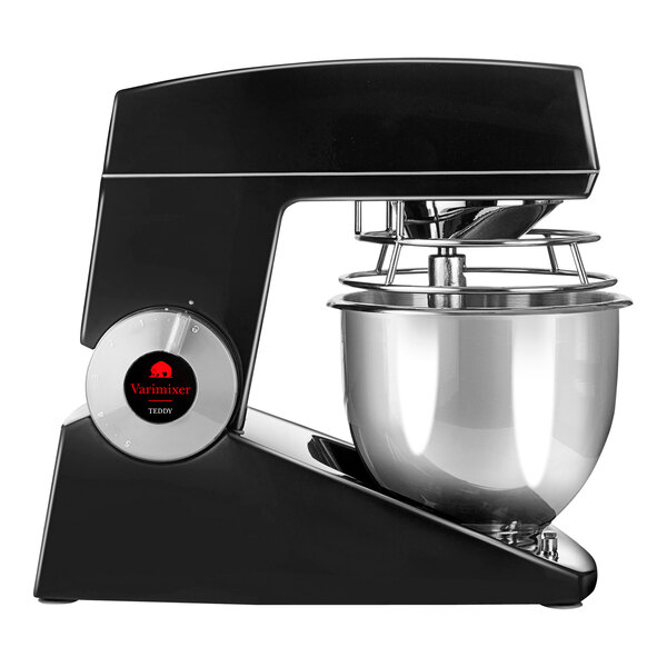 A black Varimixer countertop mixer with a bowl on top and silver accessories.