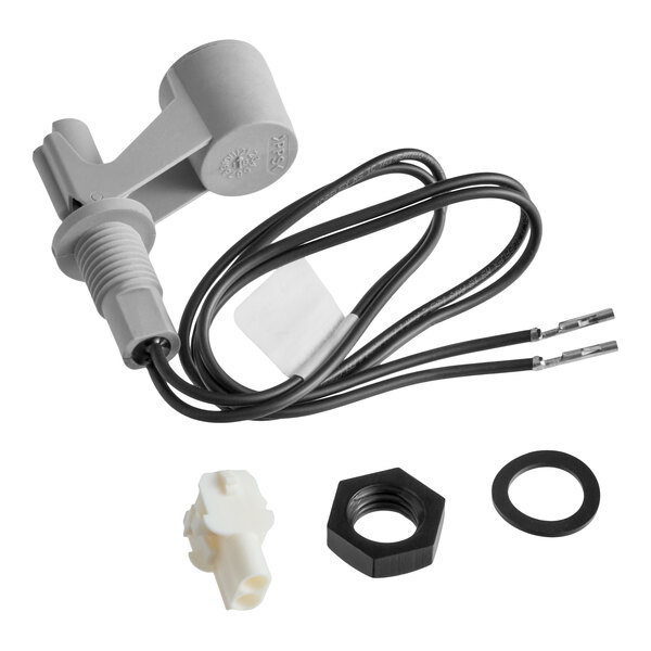 A gray float switch with attached black wires, accompanied by a white connector, a black hex nut, and a black washer, all placed on a white background.