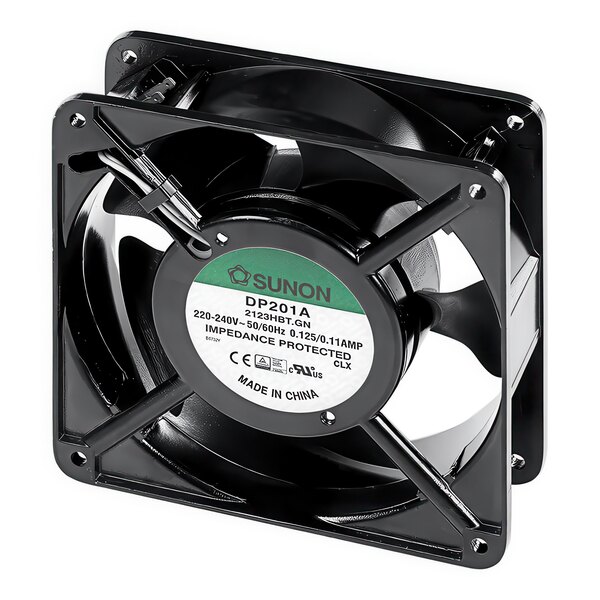 A black Moffat cooling fan with a green blade.