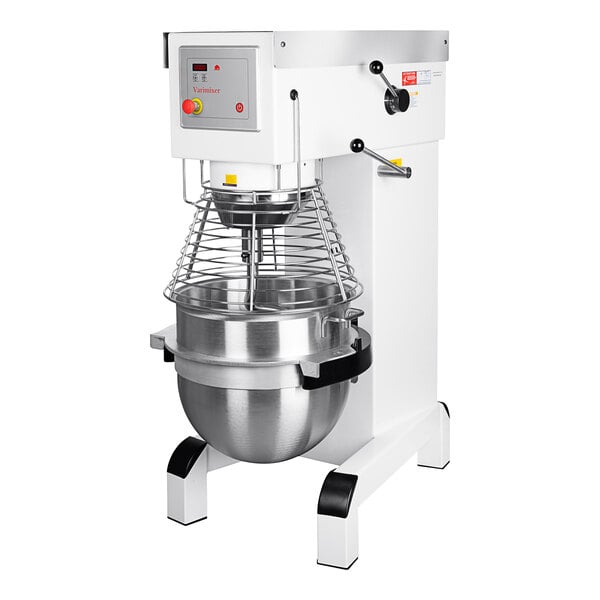 A Varimixer V-Series floor mixer with a stainless steel bowl on a stand.