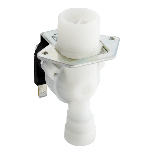 A white plastic Moffat water inlet solenoid valve with a metal plate.