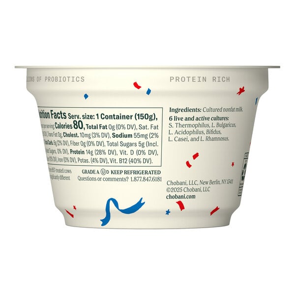 A 5.3 oz container of Chobani Non-Fat Plain Greek Yogurt with nutritional information and ingredients listed on the side.
