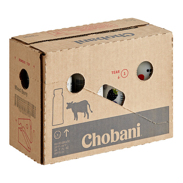 A white cardboard box with 8 Chobani Low-Fat Mixed Berry Greek Yogurt Drink bottles inside, with holes in the box.