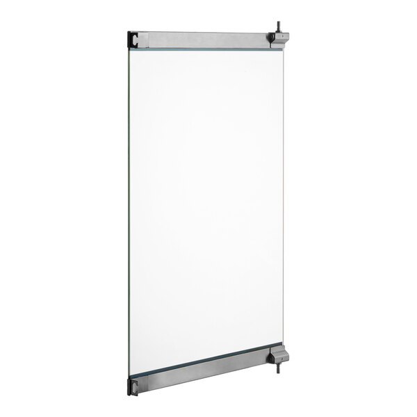 A rectangular piece of clear inner glass with metal brackets, designed for Moffat E33D5 Series convection oven doors.