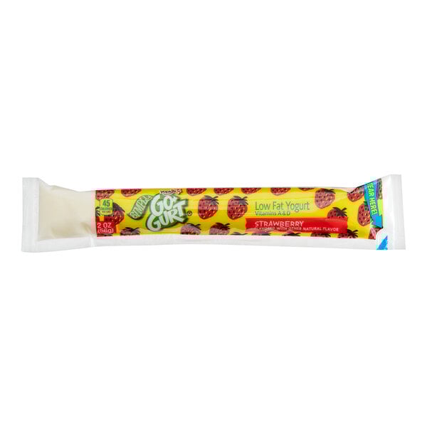 A yellow package of Go-GURT strawberry yogurt with a strawberry on it.