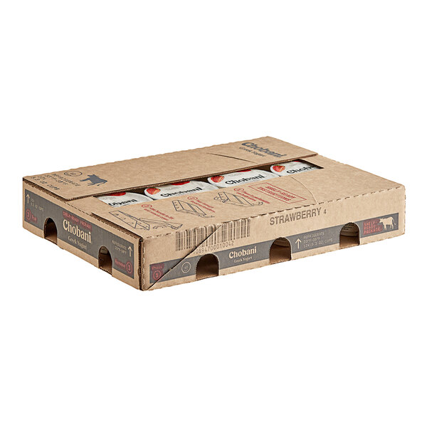 A box of Chobani Non-Fat Strawberry Greek Yogurt.