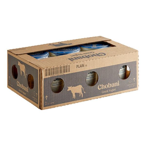 A white box of Chobani Non-Fat Plain Greek Yogurt with holes in it.