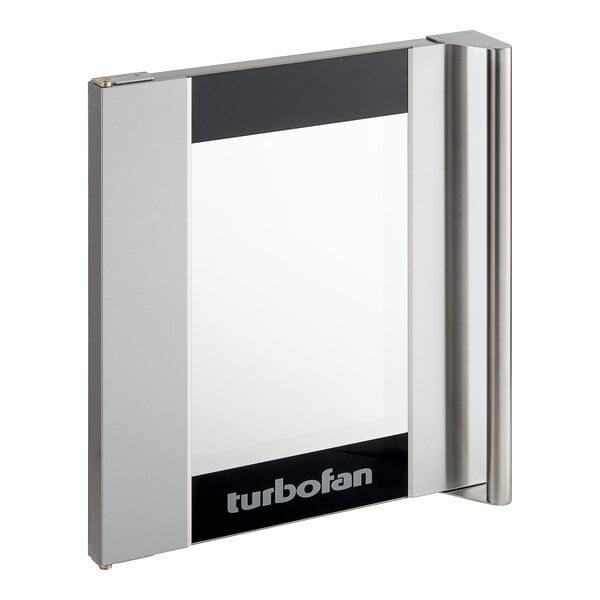 A stainless steel rectangular door assembly with a black and white sign reading "turbo" on it.