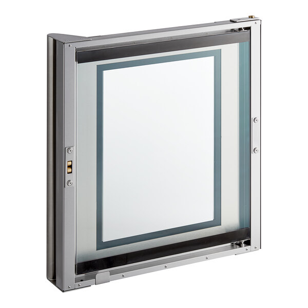 A white metal window with a black frame for a Moffat convection oven.