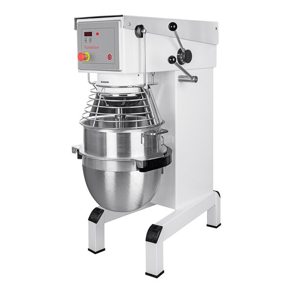 A white Varimixer V-Series floor mixer with a bowl.