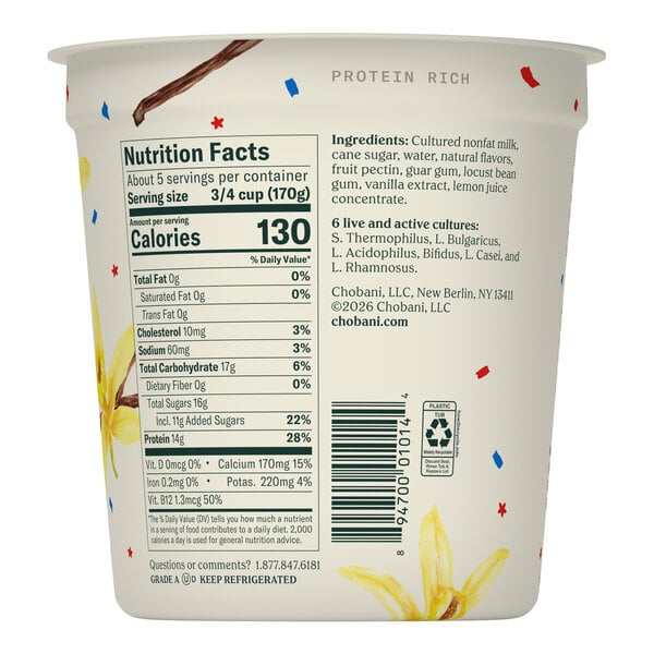 Chobani Non-Fat Vanilla Greek Yogurt 32 oz. - 6/Case