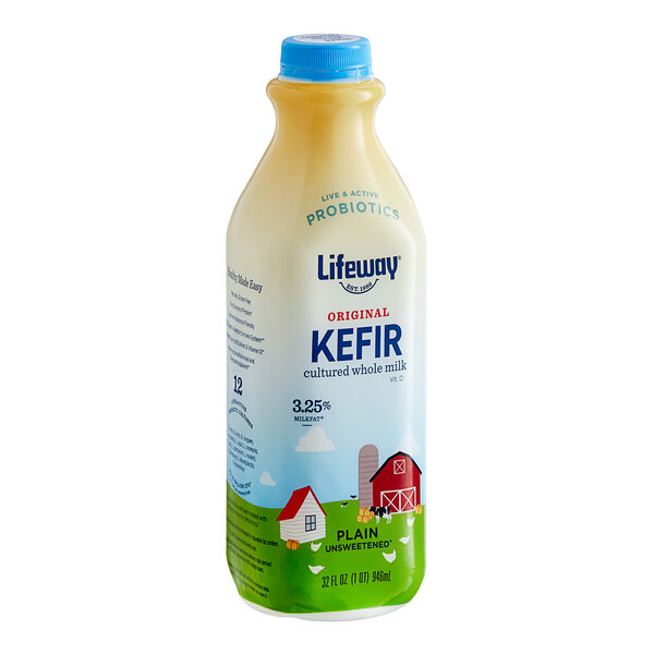 A white plastic bottle of Lifeway Original Plain Kefir with a blue cap and blue label.