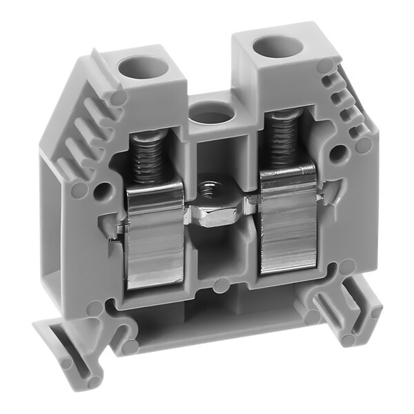 A grey plastic Moffat terminal block with metal connectors and screws.