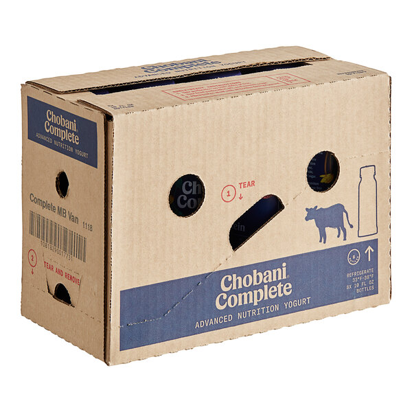 A cardboard box with Chobani Complete Low-Fat Mixed Berry Vanilla Greek Yogurt Drinks and a cow on it.