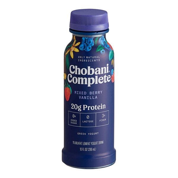 A blue bottle of Chobani Complete Low-Fat Mixed Berry Vanilla Greek Yogurt Drink with a purple cap.