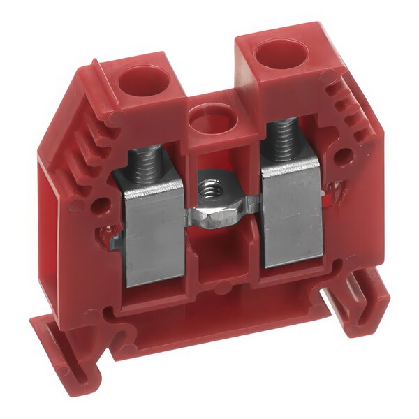 A red plastic Moffat terminal block with metal screws.