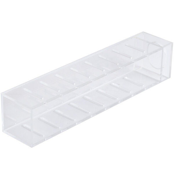 A clear plastic container with holes for Cal-Mil beverage dispensers.