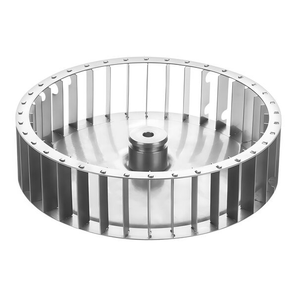 A Moffat fan wheel for a convection oven with a metal cylinder and circular metal ring with holes.