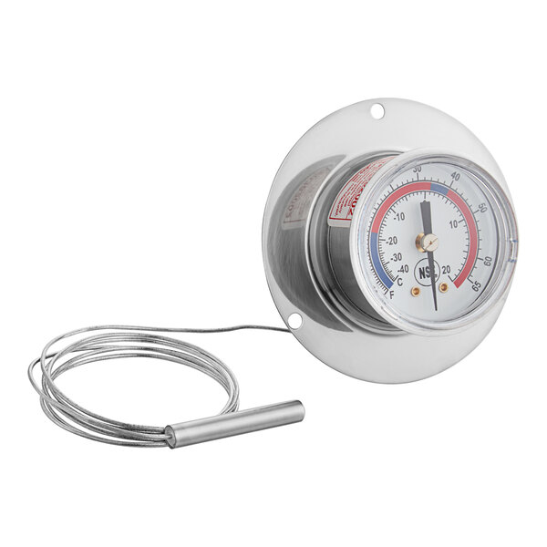 A close-up of a Miljoco 2" Recessed Vapor Dial Thermometer with a wire attached.