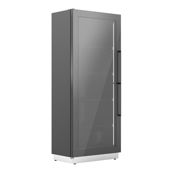 A brushed aluminum Enofrigo wine refrigerator with a glass door.