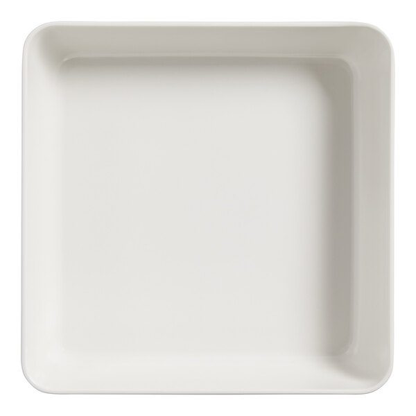 An American Metalcraft white melamine square bowl with a white border.