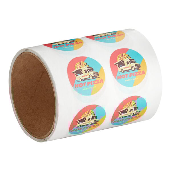 A white roll of 50 customizable round vinyl stickers with a colorful design of a pizza truck with a slice of pizza on the top.