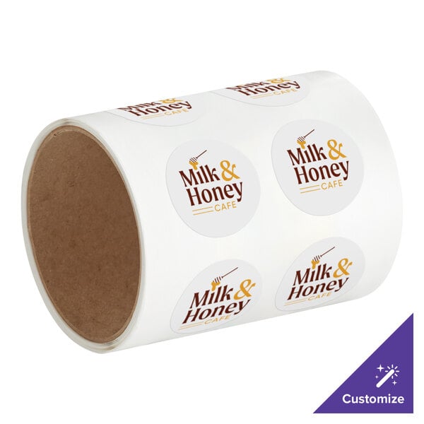 A roll of white paper with brown text reading "Carnival King" and "Customizable Round Vinyl Label"