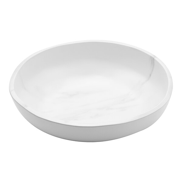 An American Metalcraft white marble bowl with a white background.