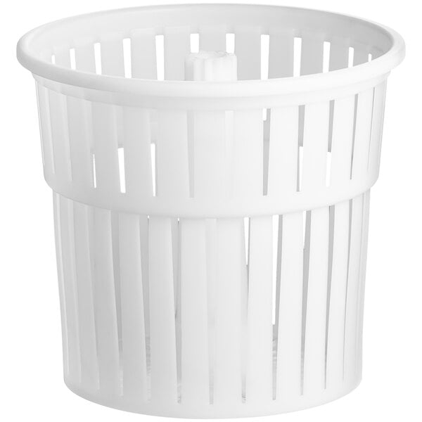 A white plastic Garde salad spinner basket with a handle.